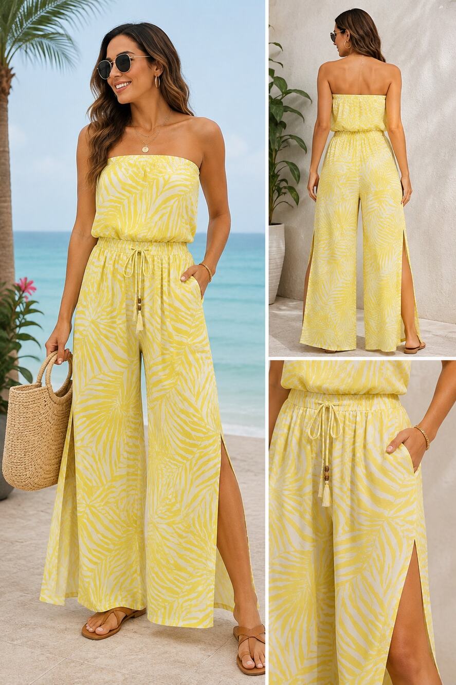 True Destinations Yellow Zebra Strapless Wide Leg Jumpsuit NWT M Resort